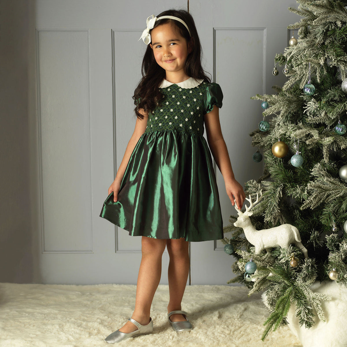 Green Taffeta Rosebud Smocked Dress