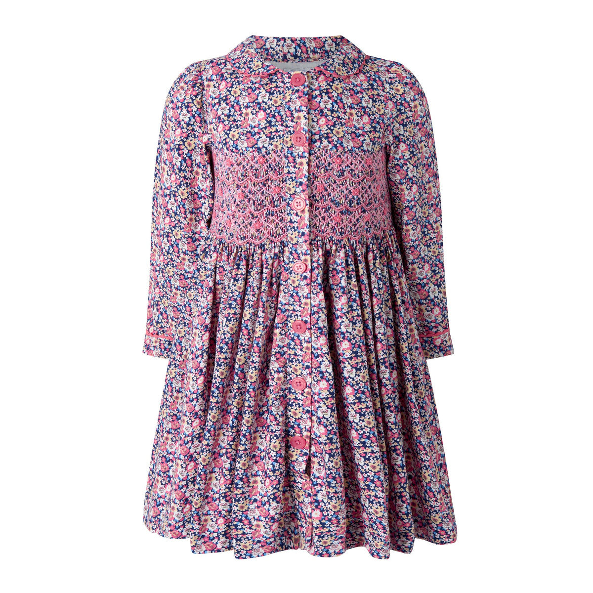 Navy Floral Smocked Button-Front Dress Rachel Riley US