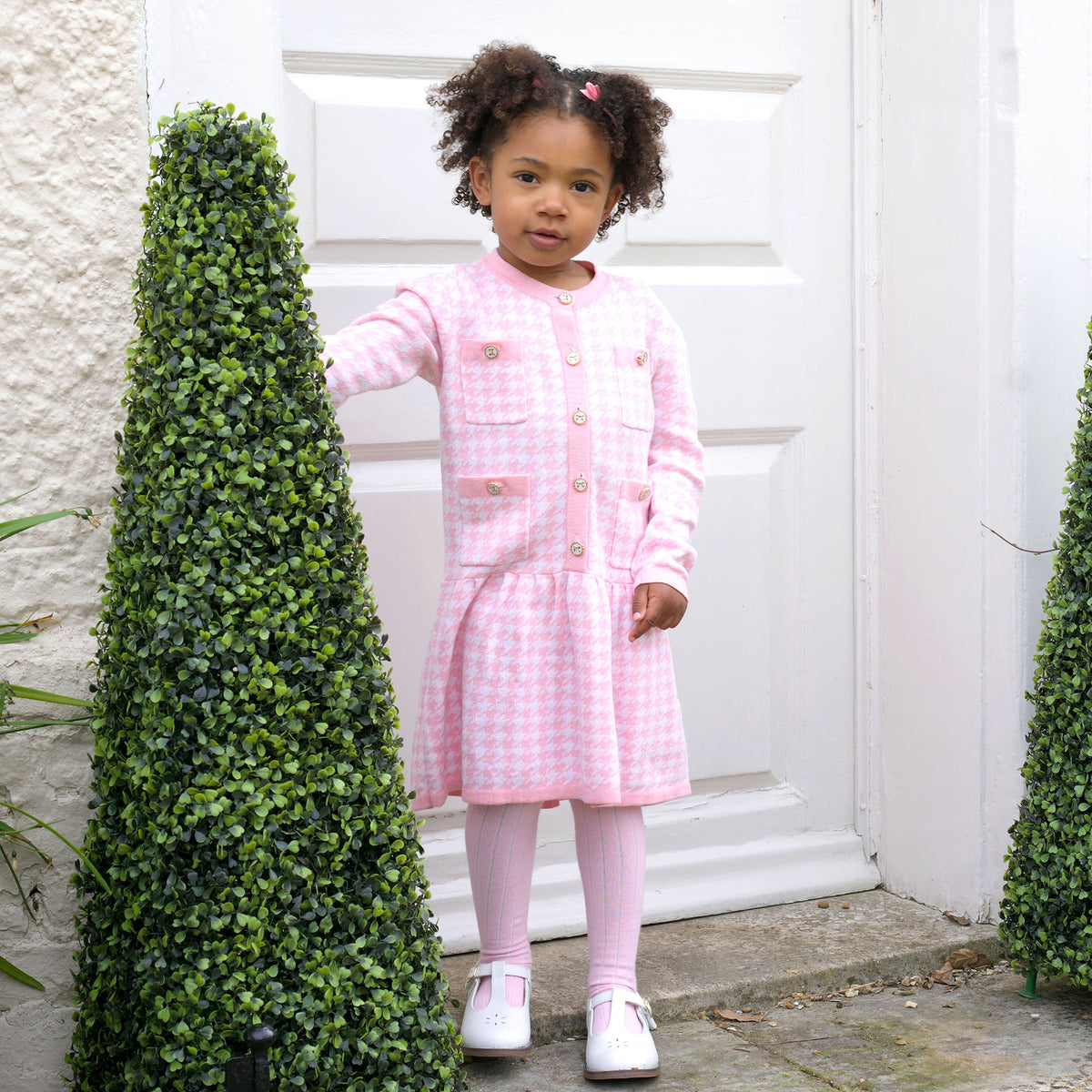 Pink Houndstooth Knit Dress