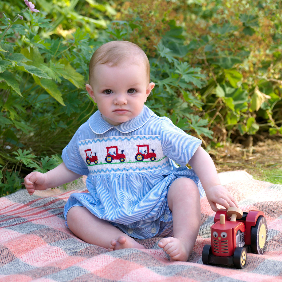 Stripe Tractor Smocked Babysuit Rachel Riley US