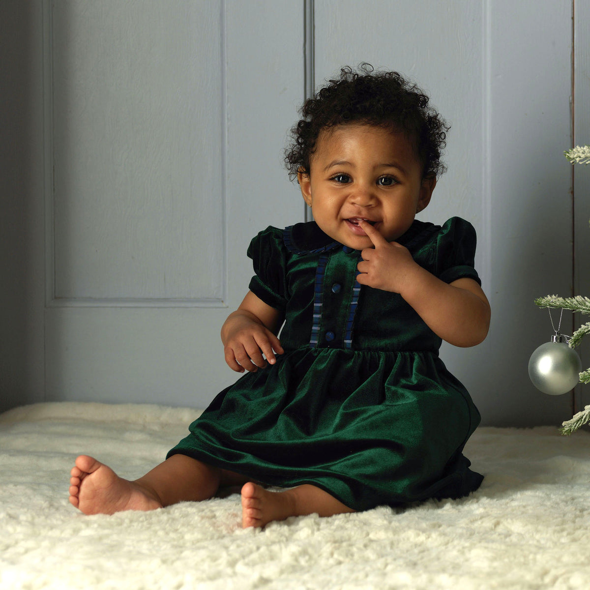 Baby Green Velvet Tartan Trim Dress Rachel Riley US