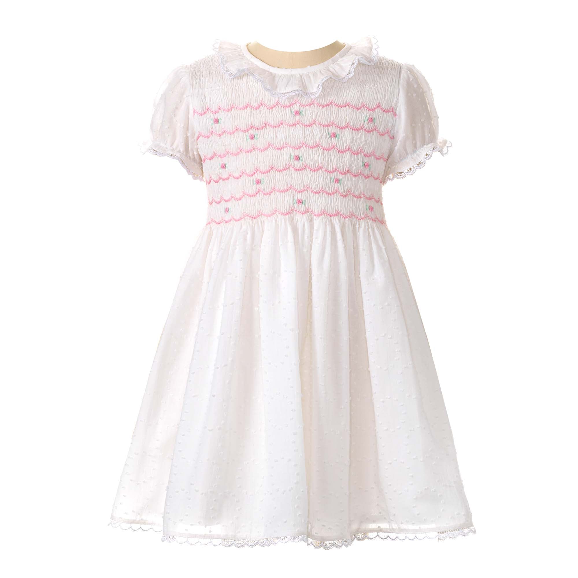 Rachel Riley Girls Swiss Dot Smocked Dress in Ivory 5y