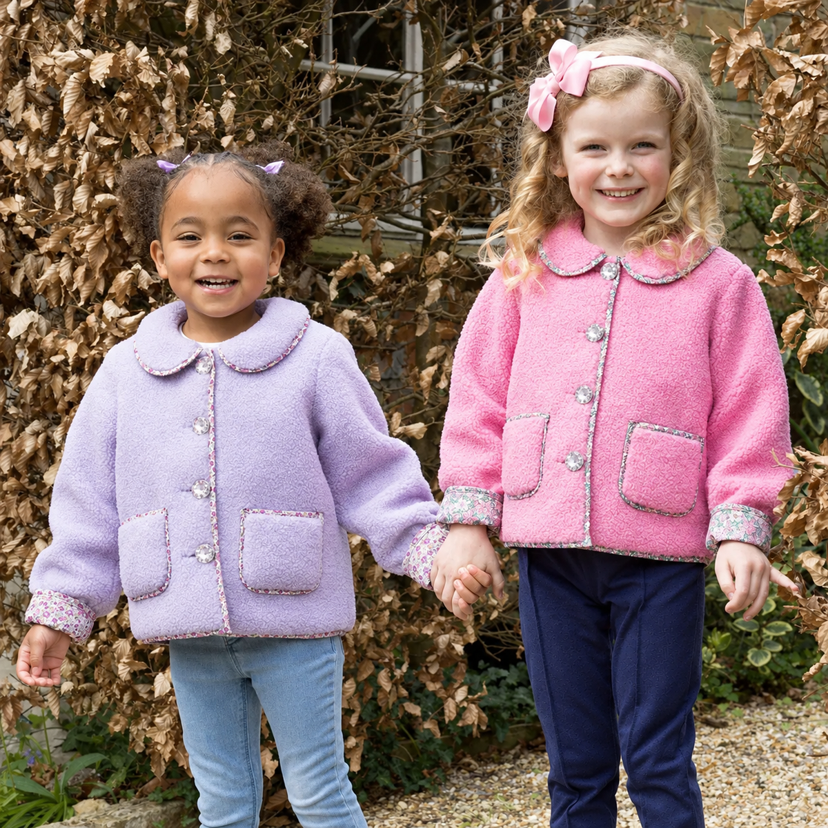 Pink Shearling Floral Trim Jacket