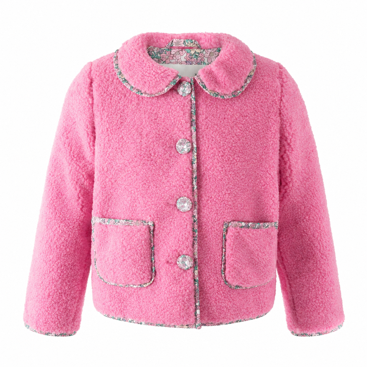 Pink Shearling Floral Trim Jacket