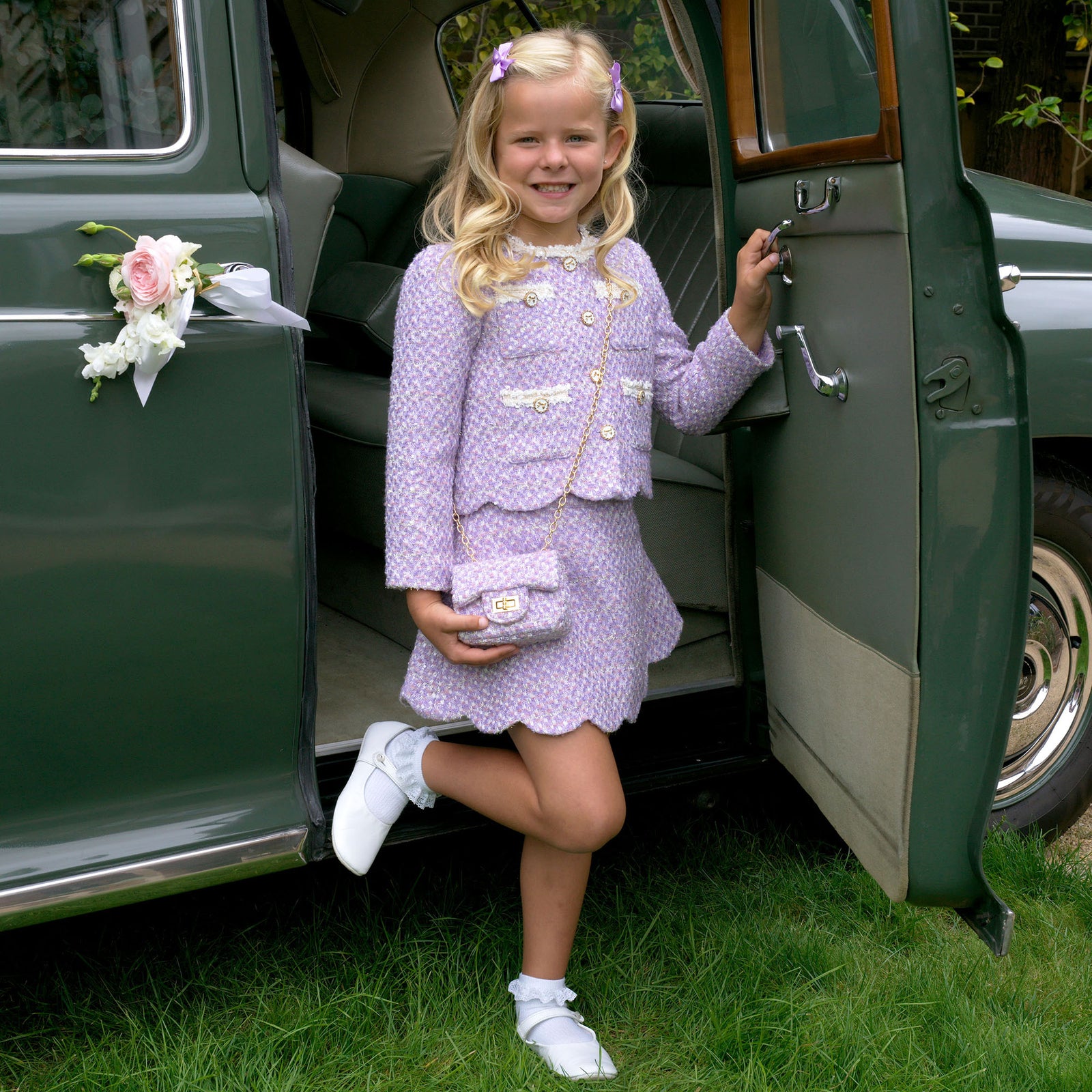 美品☆TWEED GIRL 160 パープルレインドレス Purple Tweed Scalloped Skirt Set