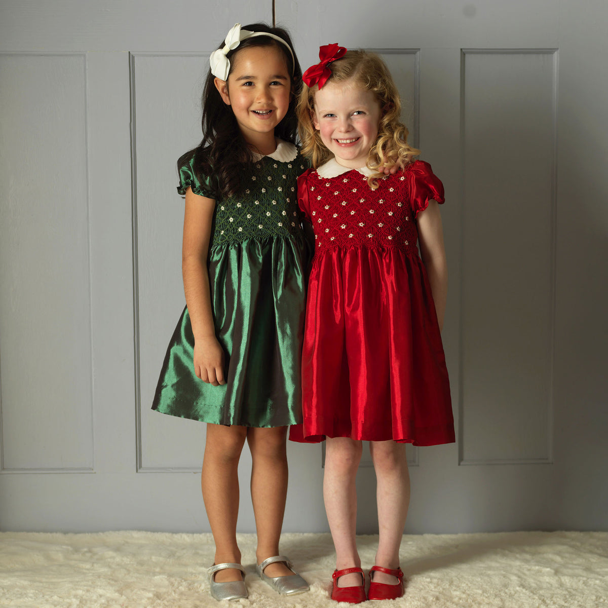 Red Taffeta Rosebud Smocked Dress Rachel Riley US