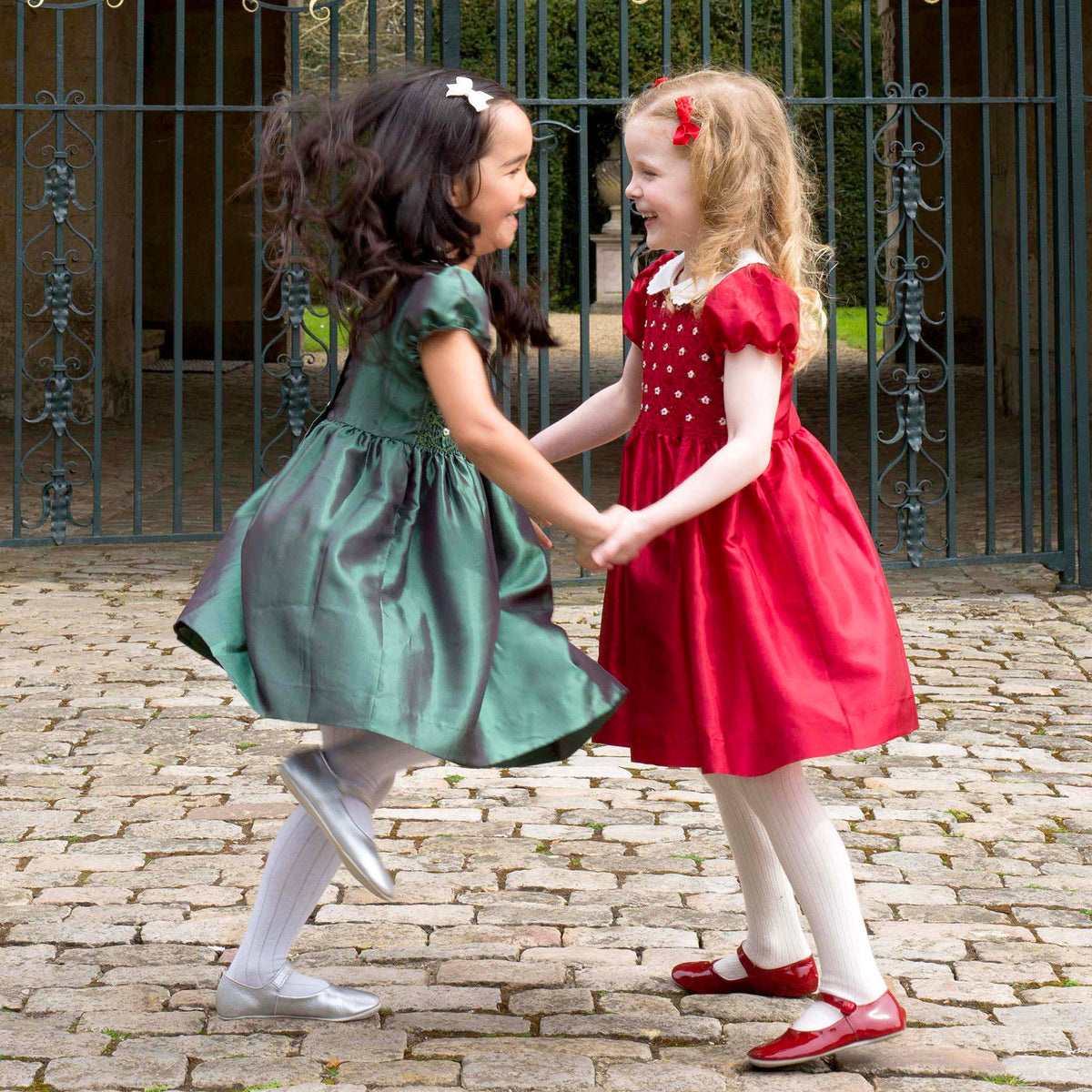 Green Taffeta Rosebud Smocked Dress