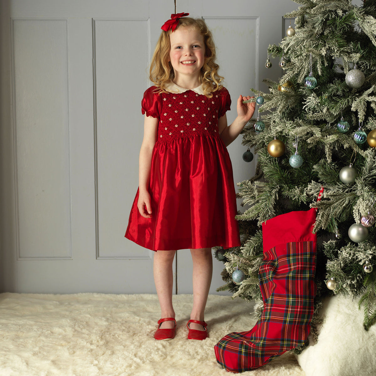 Red Taffeta Rosebud Smocked Dress Rachel Riley US