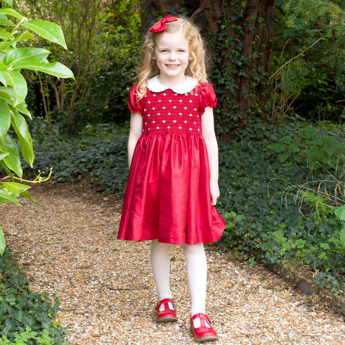 Red Taffeta Rosebud Smocked Dress Rachel Riley US