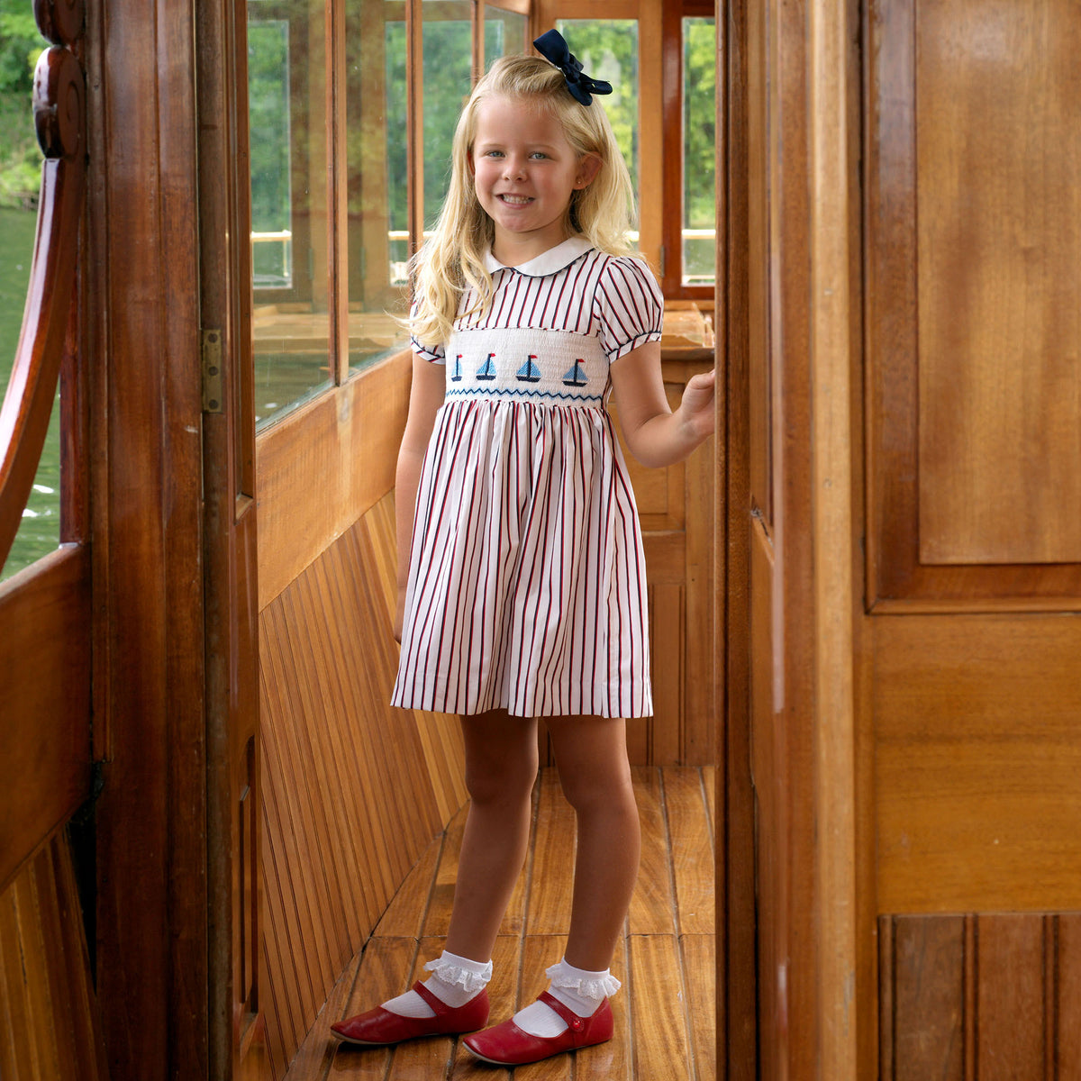 Sailboat Smocked Stripe Dress Rachel Riley US
