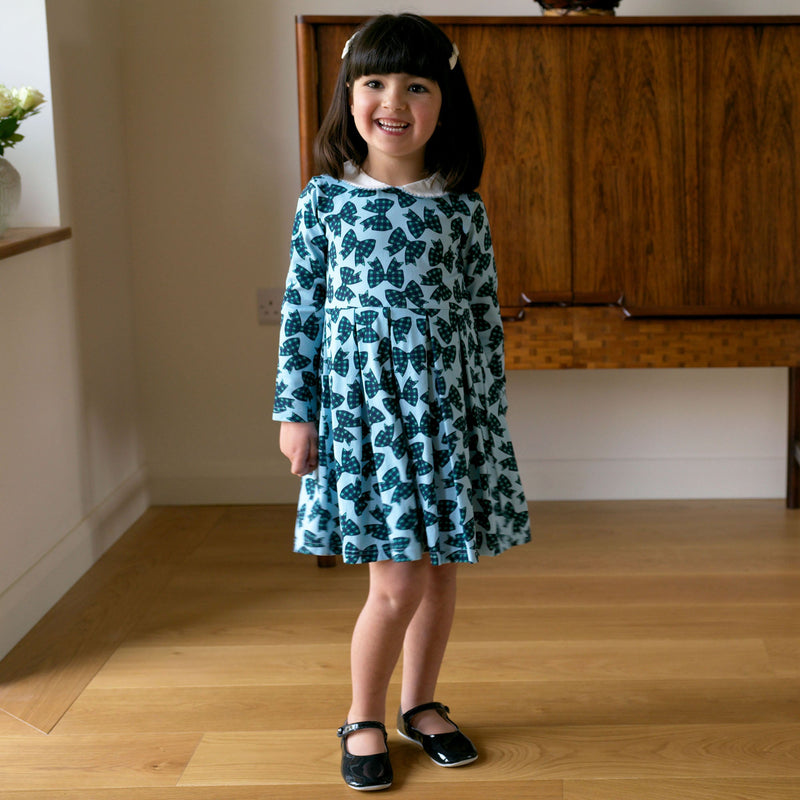 Blue Tartan Bow Jersey Dress Rachel Riley US