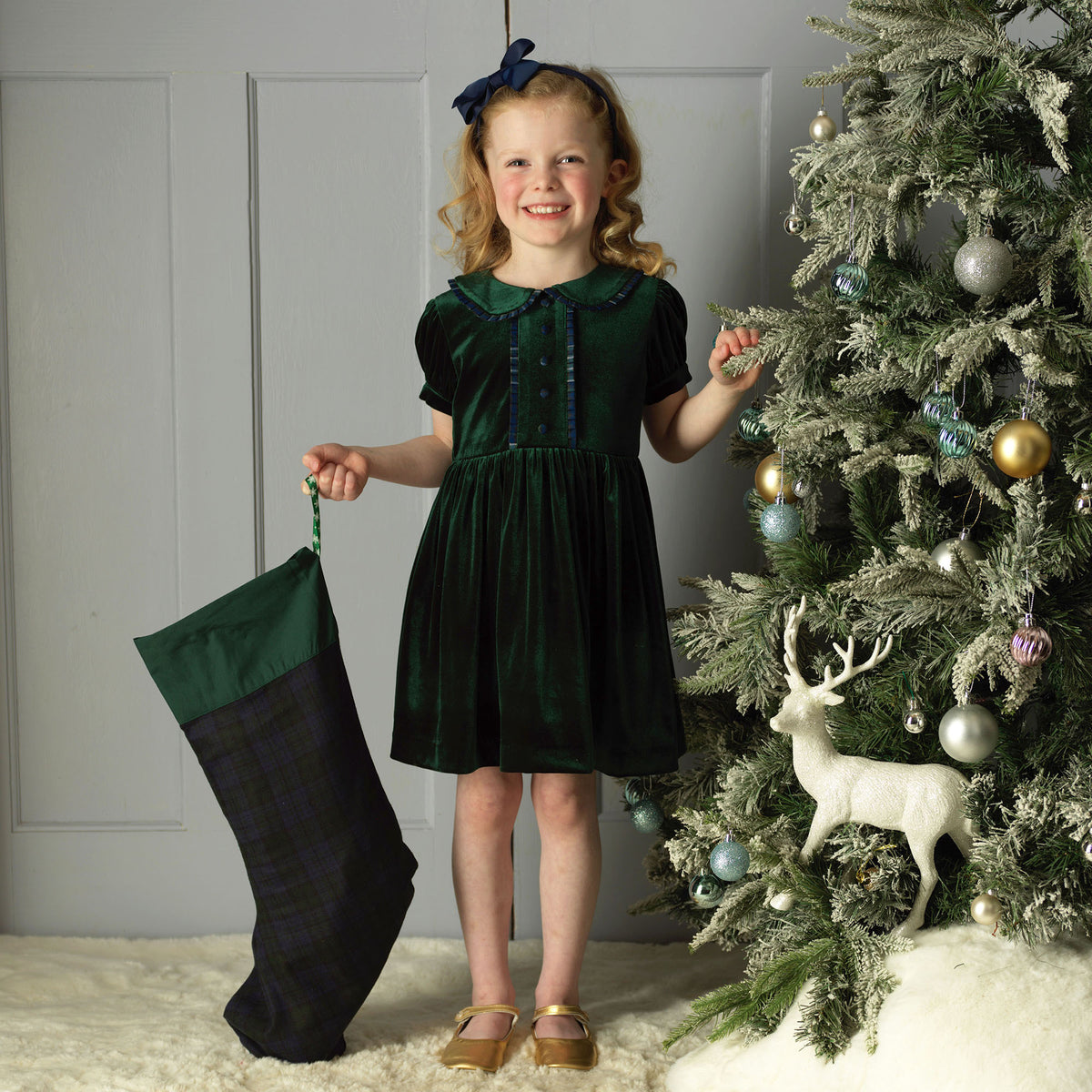 Green Velvet Tartan Trim Dress Rachel Riley US
