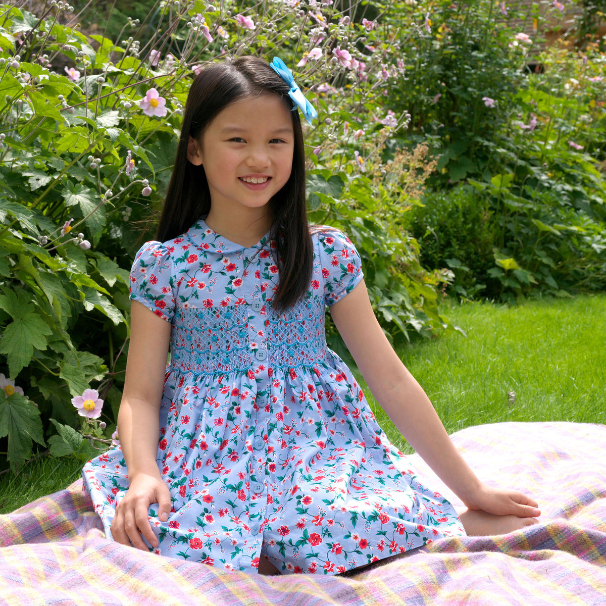 Blue Smocked Button-Front Dress Rachel Riley US