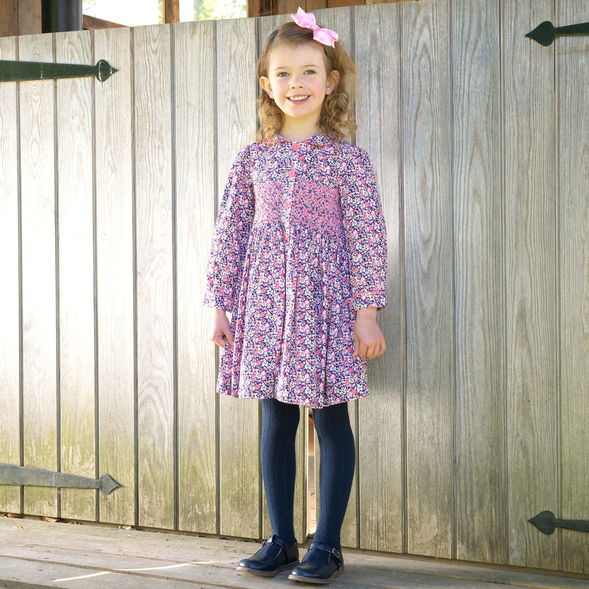Navy Floral Smocked Button-Front Dress Rachel Riley US