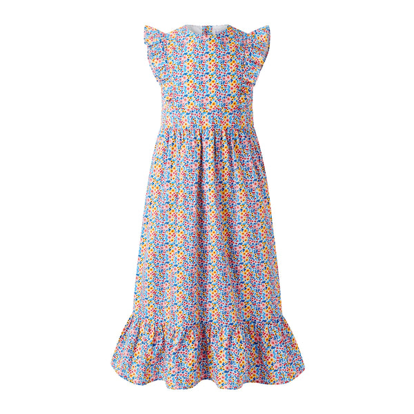 knee length dresses for ladies Shop Girls Orange,Blue & White Floral Print Fit & Flare Round Neck Sleeveless Cotton Midi Dress (IW-ORANGEBOOTICAPE) Online Orange / 4-6Y / Cotton main image 1
