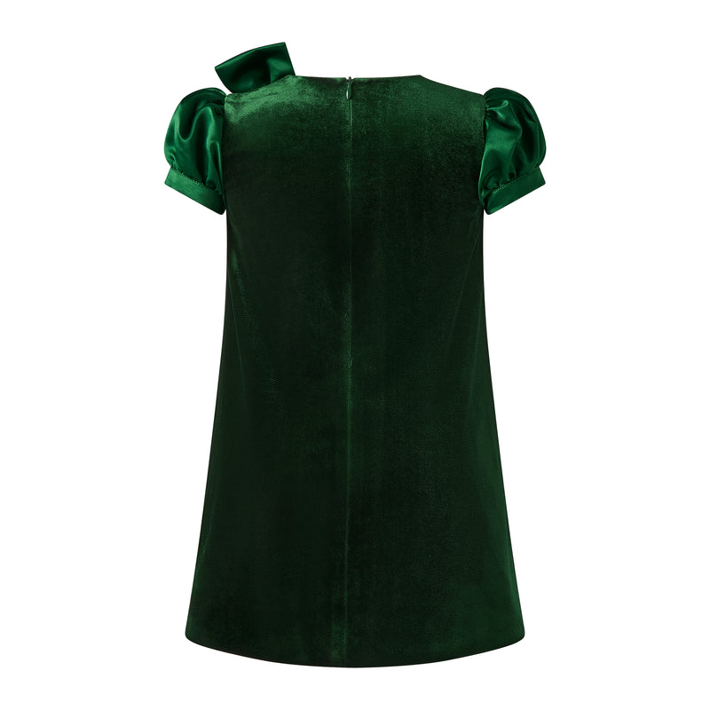 Green Satin Bow Velvet Dress Rachel Riley US Green Satin Bow Velvet Dress Rachel Riley US