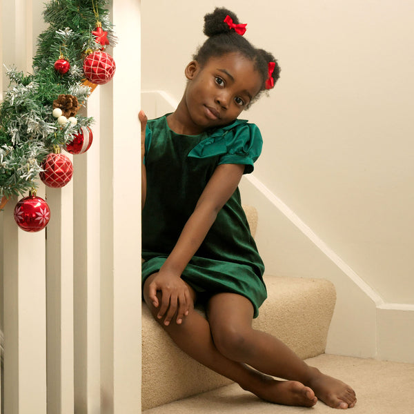 Green Satin Bow Velvet Dress