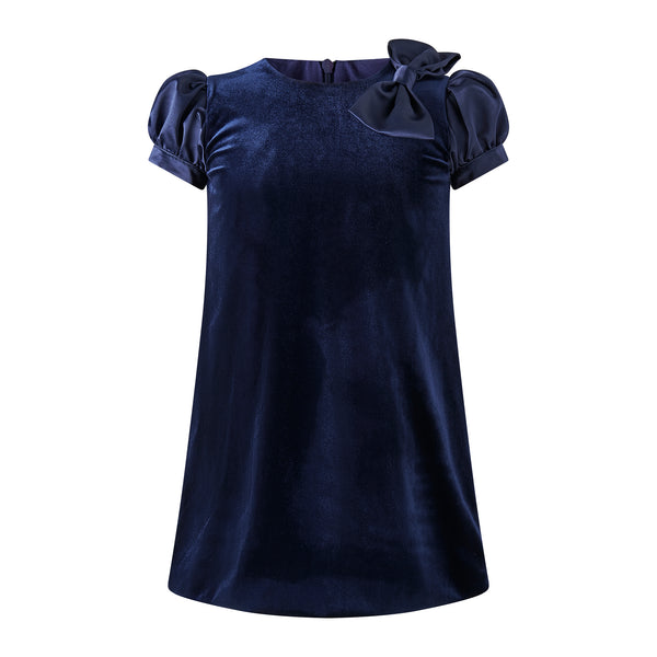 Navy Satin Bow Velvet Dress