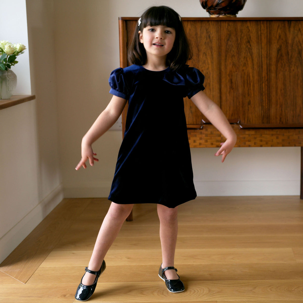 Navy Satin Bow Velvet Dress Rachel Riley US