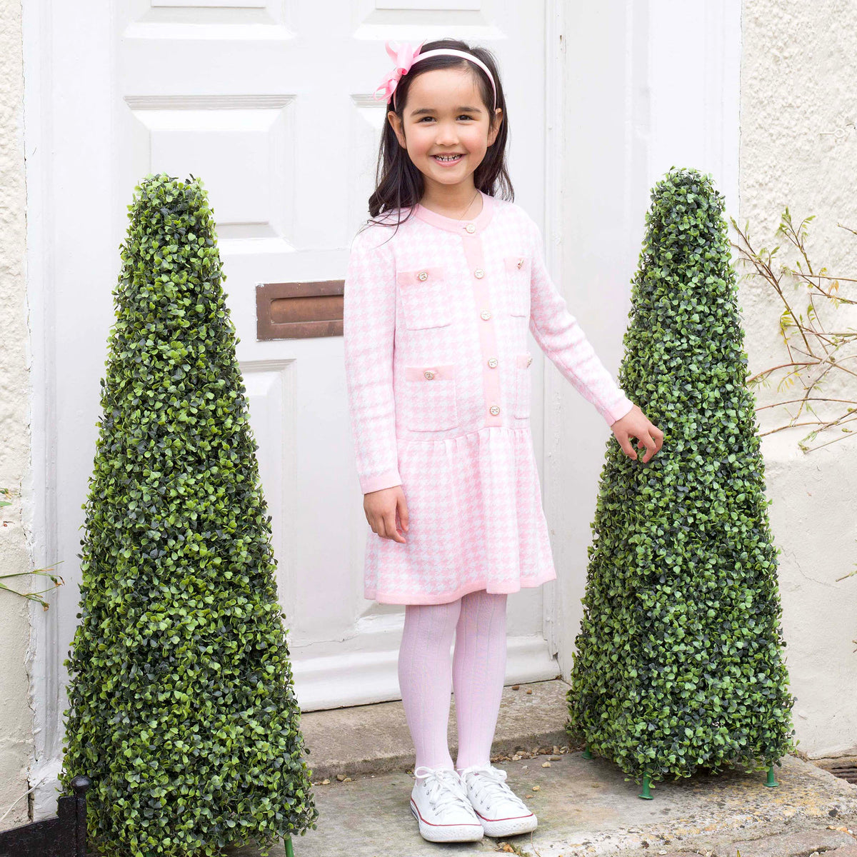 Pink Houndstooth Knit Dress