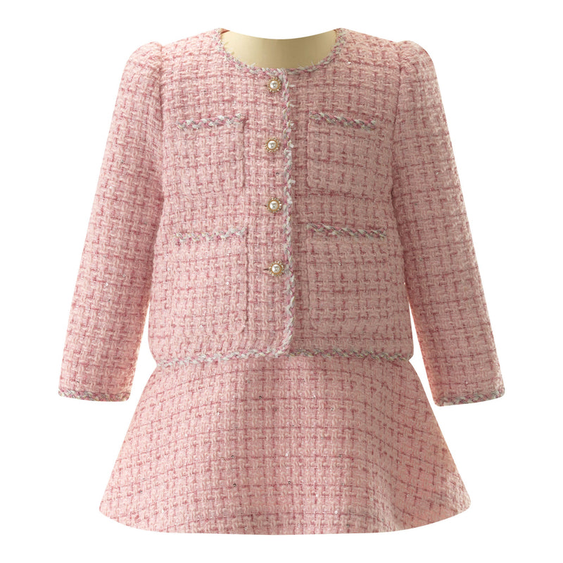 pink tweed dress suit Zapaka Women Pink Work Dress Sheath Tweed 2-piece Midi Long Sleeve Semi Formal Dress, Pink / S