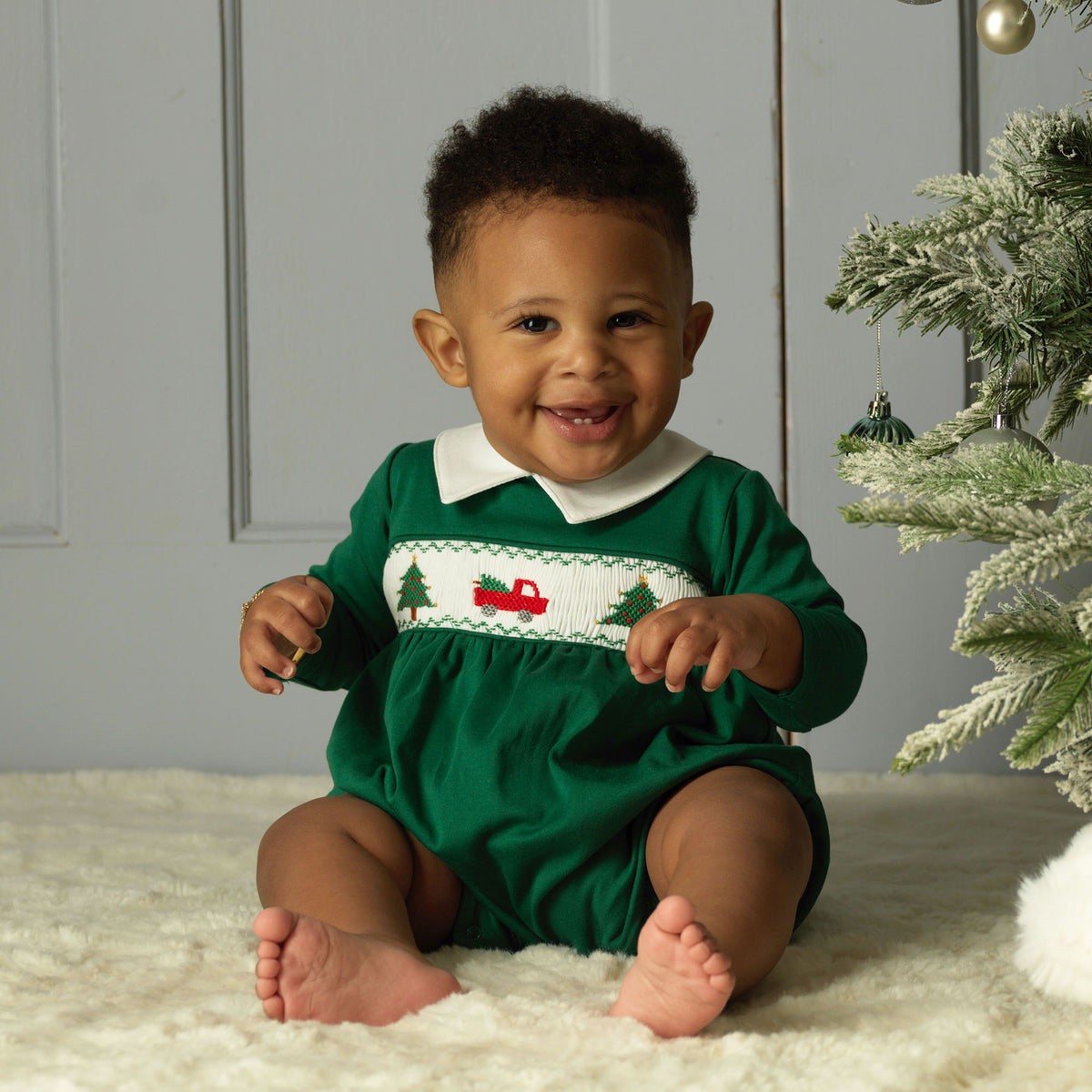 Pima Christmas Tree Smocked Babysuit