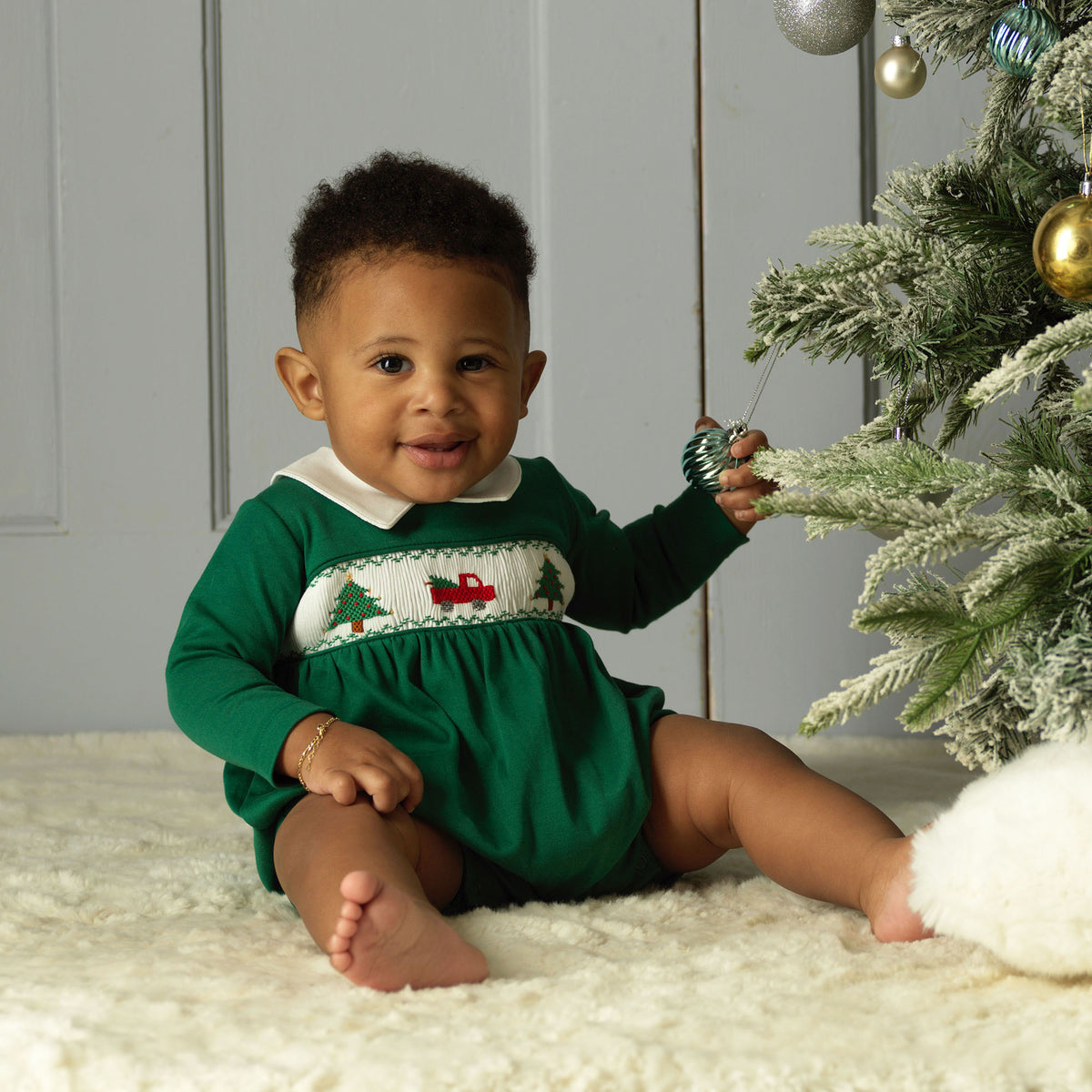 Pima Christmas Tree Smocked Babysuit