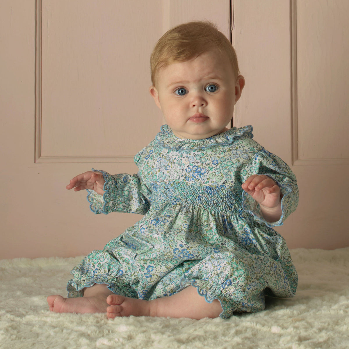 Blue Smocked Scalloped Babysuit Rachel Riley US