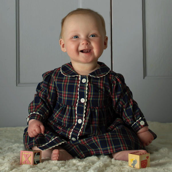 Navy Tartan Button-front Dress & Bloomers