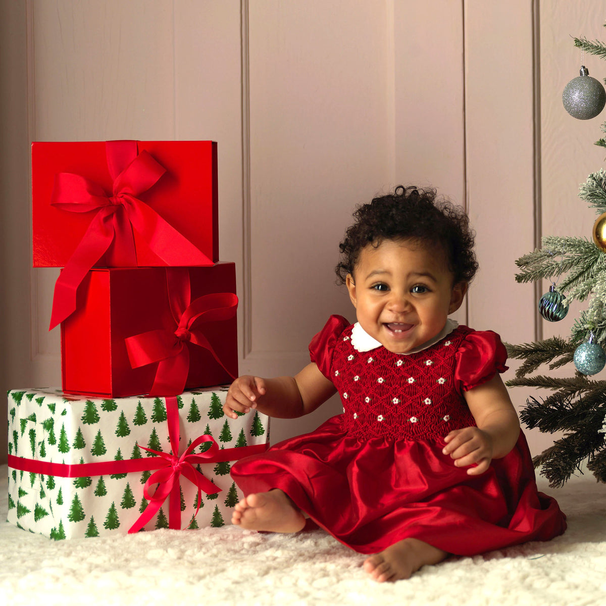 Baby Red Taffeta Rosebud Smocked Dress
