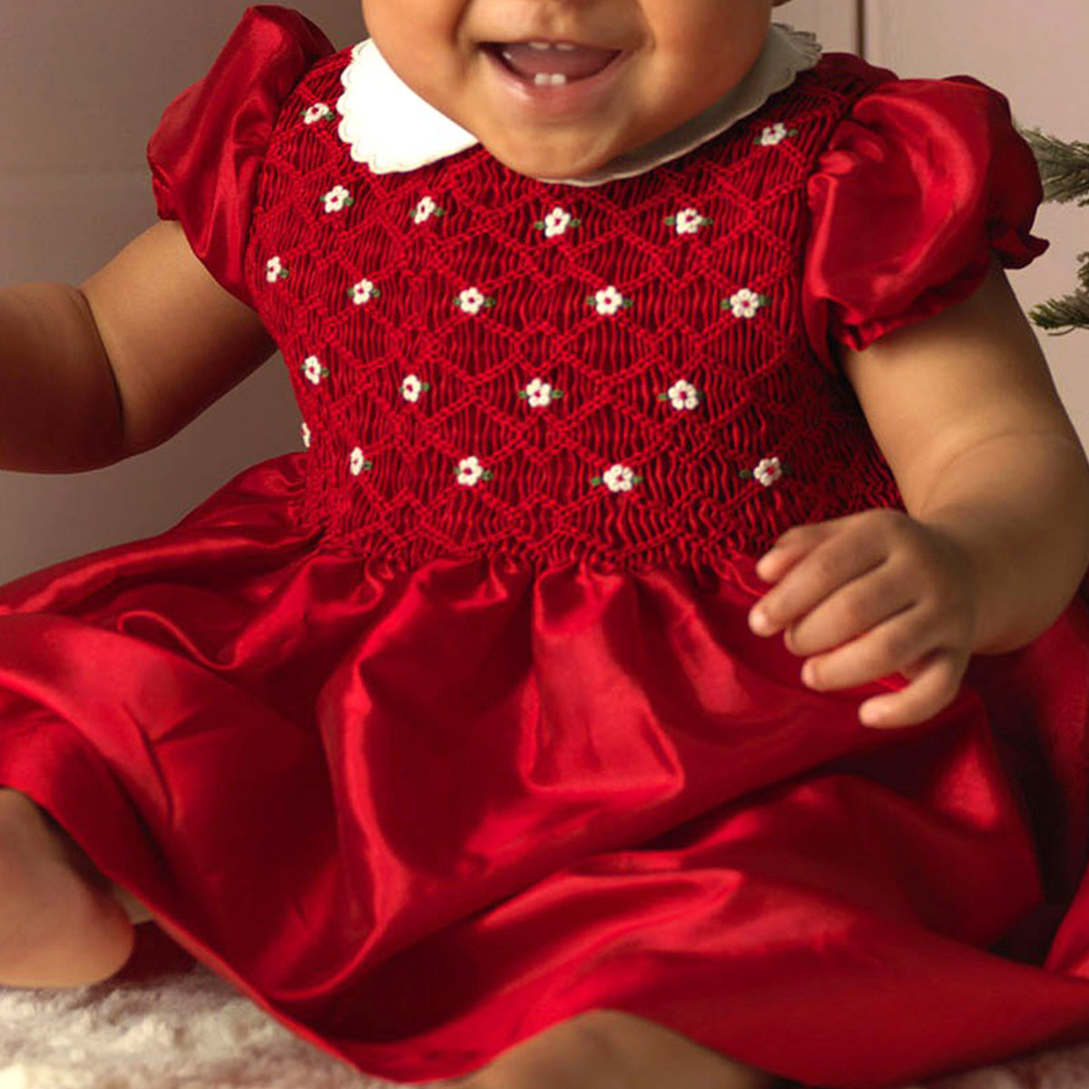 Baby Red Taffeta Rosebud Smocked Dress