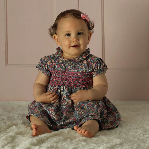 Grey Floral  Smocked Dress & Bloomers