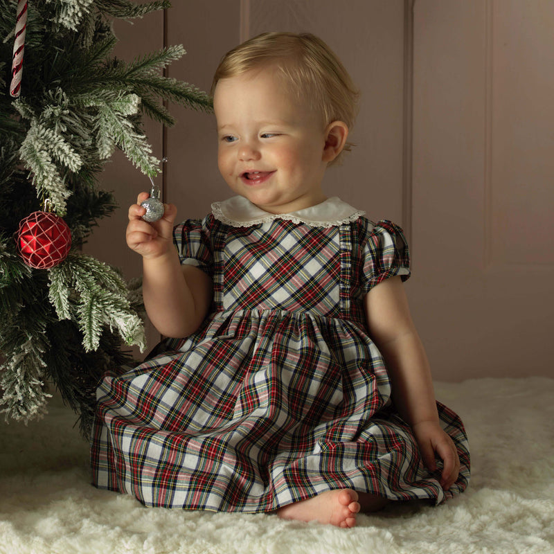 Ivory Tartan Frill Front Dress & Bloomers