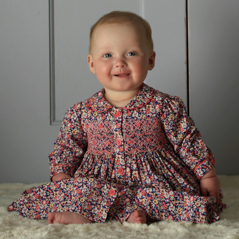 Navy Floral Smocked Button-front Dress Rachel Riley US