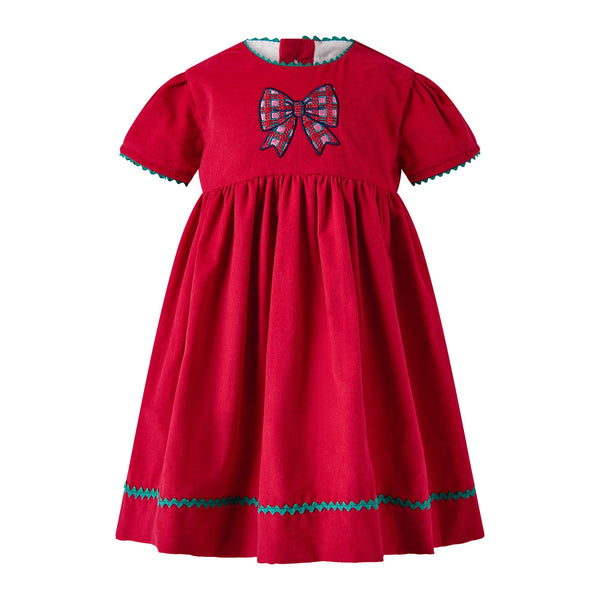 Red Tartan Bow Embroidered Dress & Bloomers
