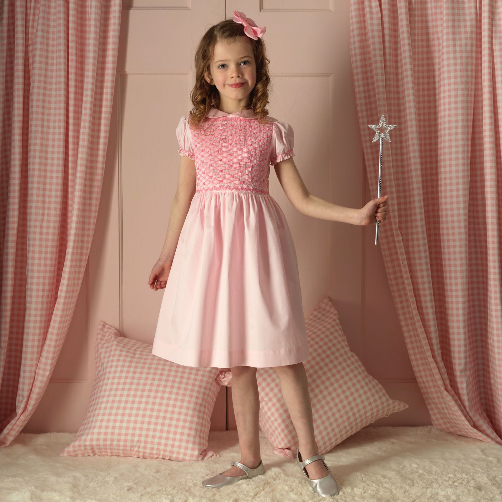 bow detail smock bodice cotton blend dress English Factory