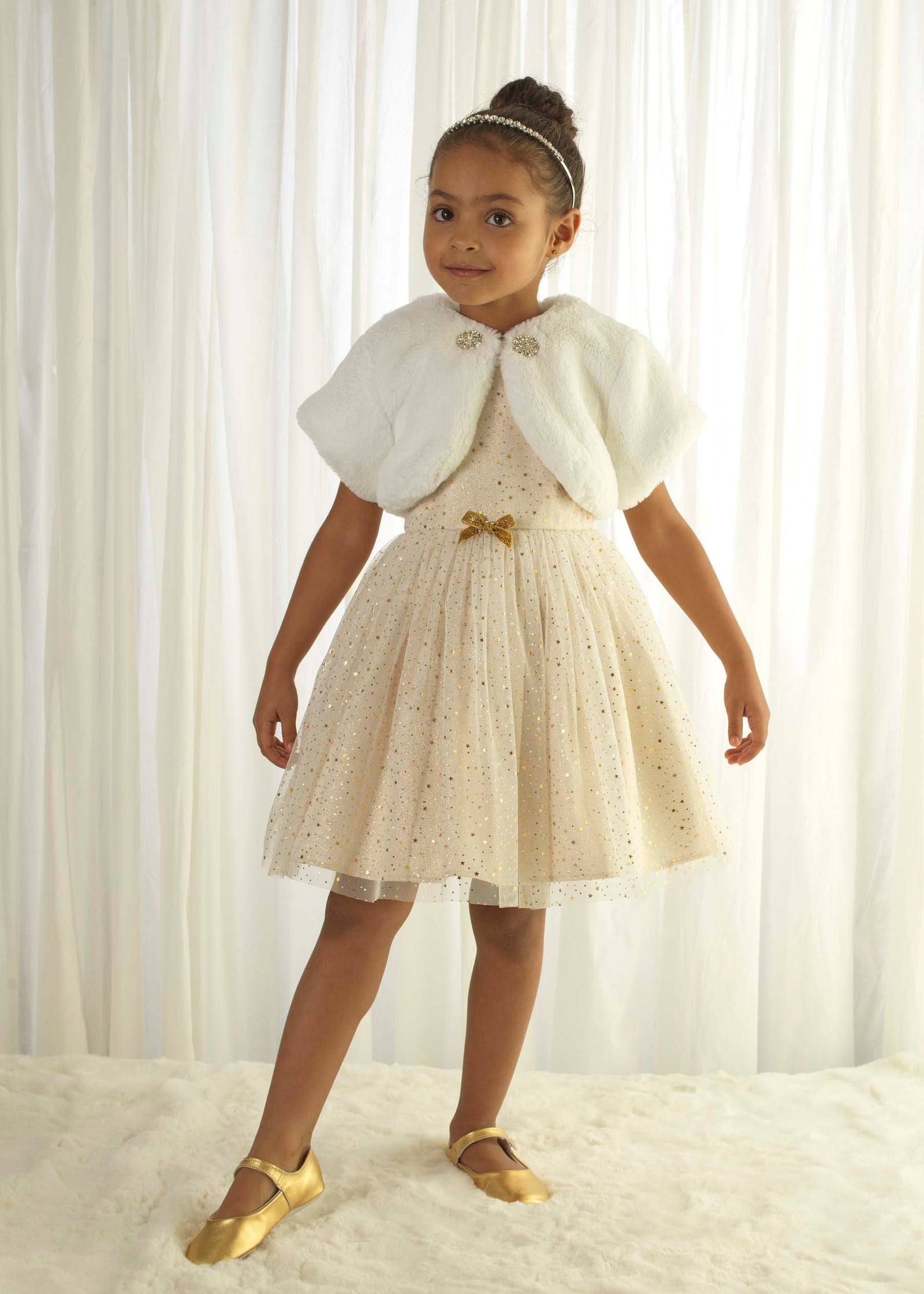 Girls Ivory Faux Fur Bolero With Sparkly Diamante Button Detai