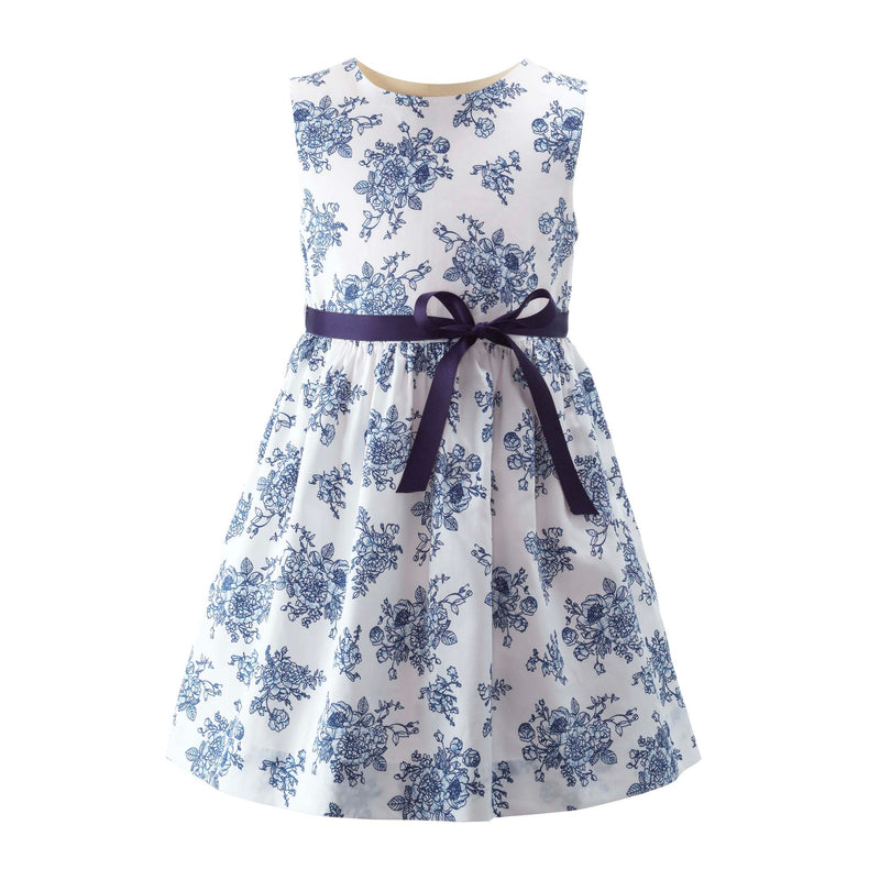 Girls Blue and White Floral Toile Dress 14Y Girls Blue and White Floral Toile Dress 14Y