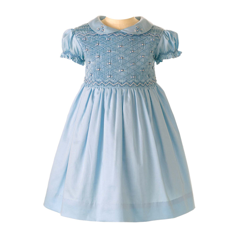 Blue Rose Smocked Dress & Bloomers for Baby Girls Rachel Riley US Blue Rose Smocked Dress & Bloomers for Baby Girls Rachel Riley US