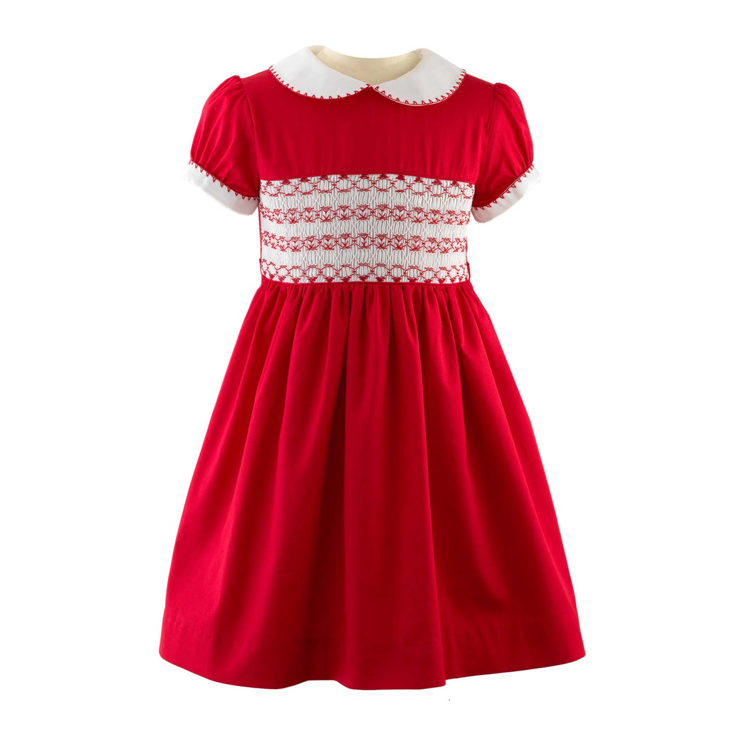 Red Classic Smocked Dress for Girls 7Y