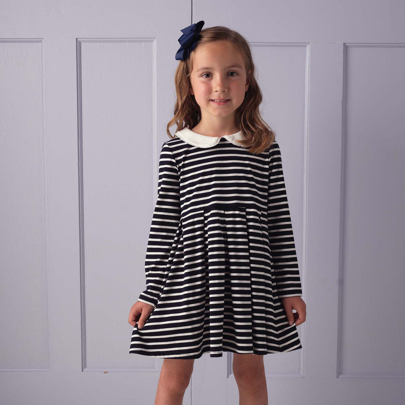 Long Sleeved Breton Striped Jersey Dress, Navy 7y Long Sleeved Breton Striped Jersey Dress, Navy 7y